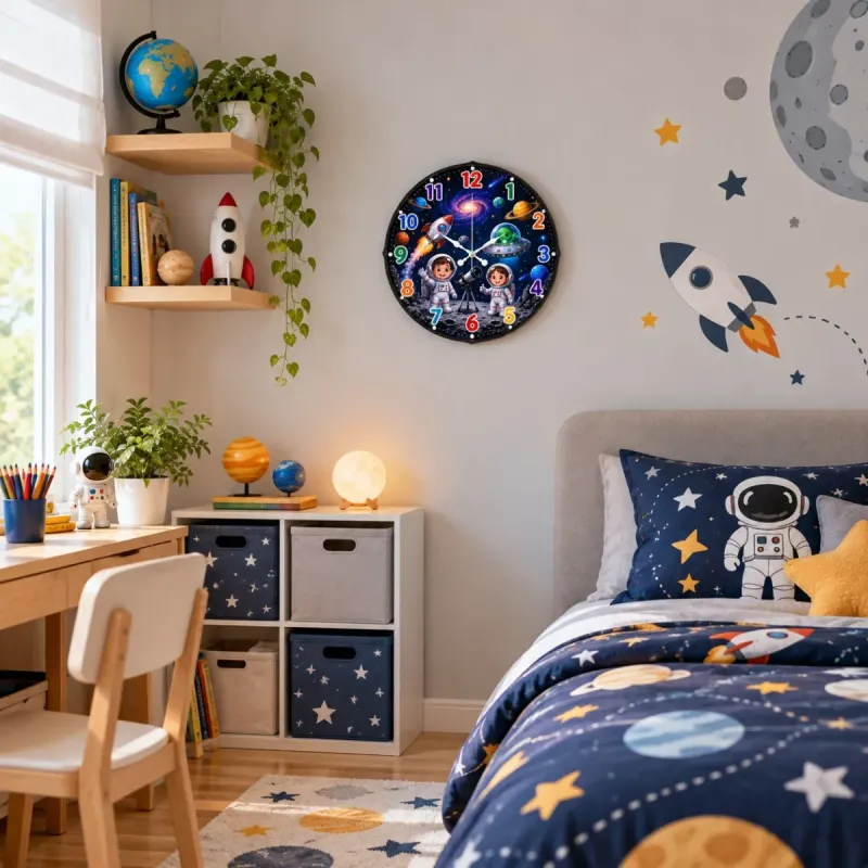 Uzay Temalı Bombeli Camlı Beyaz Plastik Çocuk Odası Duvar Saati 35 cm · Model BM-35133