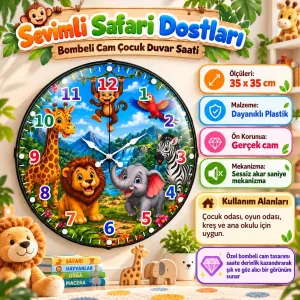 Safari Hayvanlı Bombeli Camlı Mavi Plastik Çocuk Odası Duvar Saati 35 cm · Model BM-35134