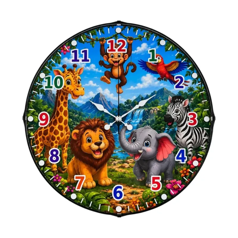 Safari Hayvanlı Bombeli Camlı Mavi Plastik Çocuk Odası Duvar Saati 35 cm · Model BM-35134