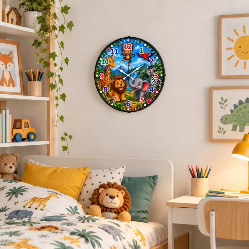 Safari Hayvanlı Bombeli Camlı Mavi Plastik Çocuk Odası Duvar Saati 35 cm · Model BM-35134