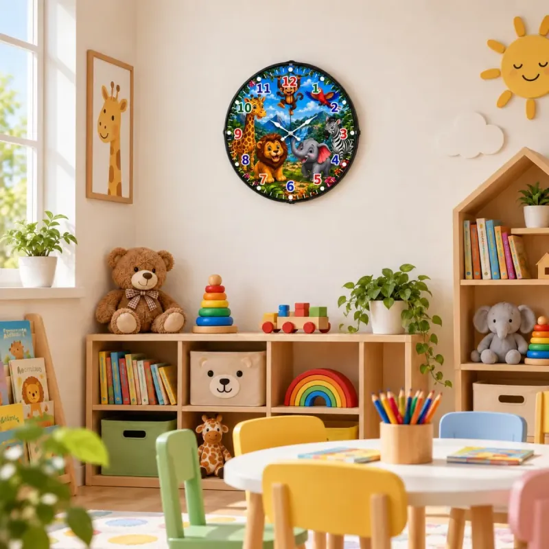 Safari Hayvanlı Bombeli Camlı Mavi Plastik Çocuk Odası Duvar Saati 35 cm · Model BM-35134