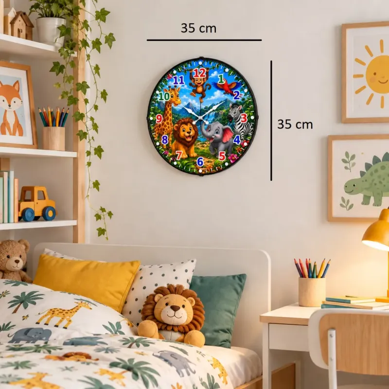 Safari Hayvanlı Bombeli Camlı Mavi Plastik Çocuk Odası Duvar Saati 35 cm · Model BM-35134