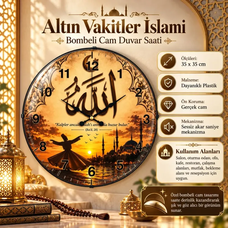 İslami Motifli Bombeli Camlı Kahverengi Plastik Duvar Saati 35 cm · Model BM-35135