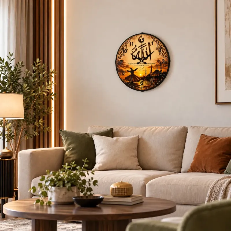 İslami Motifli Bombeli Camlı Kahverengi Plastik Duvar Saati 35 cm · Model BM-35135