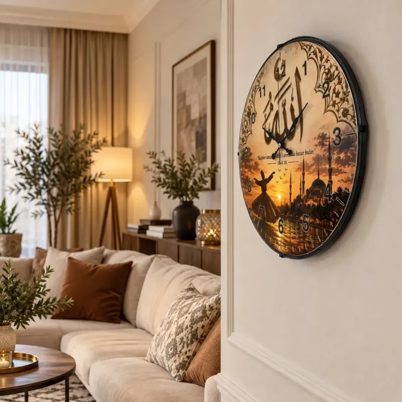 İslami Motifli Bombeli Camlı Kahverengi Plastik Duvar Saati 35 cm · Model BM-35135