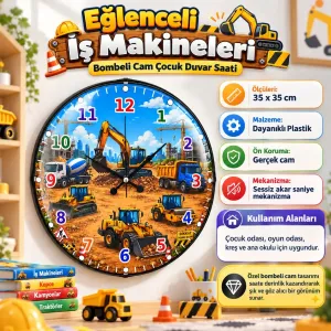 İş Makinesi Temalı Bombeli Camlı Kahverengi Plastik Çocuk Odası Duvar Saati 35 cm · Model BM-35137