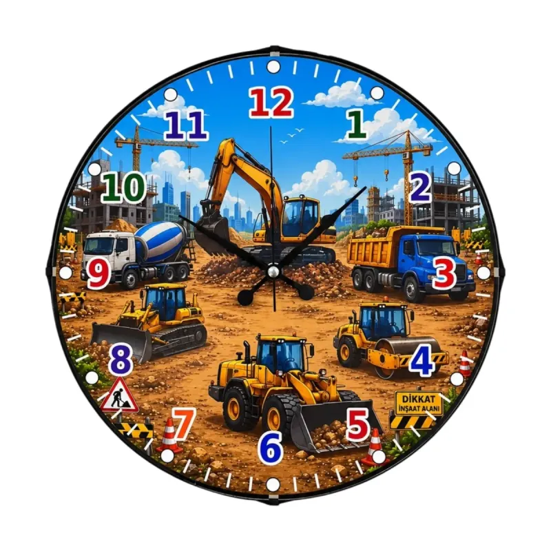 İş Makinesi Temalı Bombeli Camlı Kahverengi Plastik Çocuk Odası Duvar Saati 35 cm · Model BM-35137