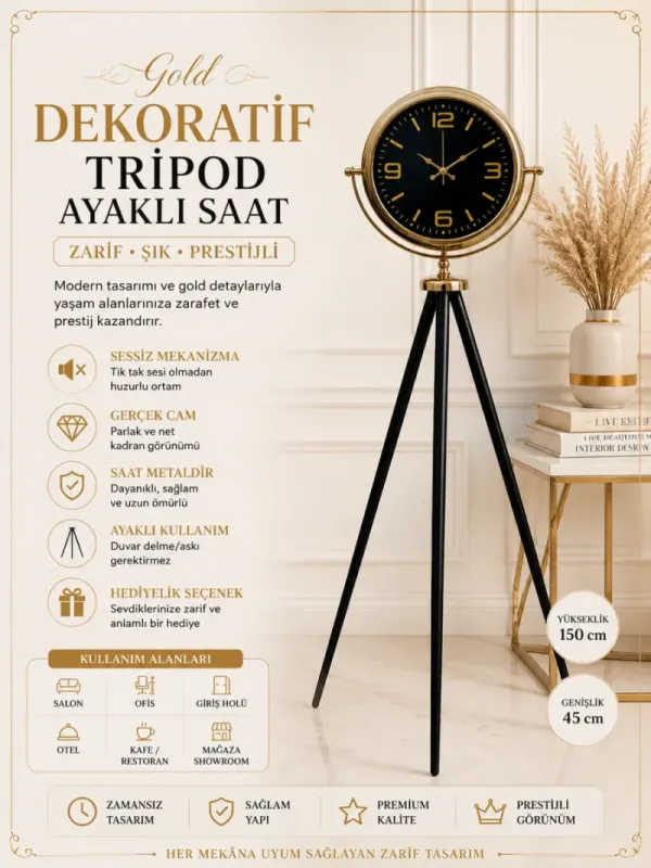 Gold Metal Ayaklı Tripod Saat 150 x 45 cm · Model AS-4044G