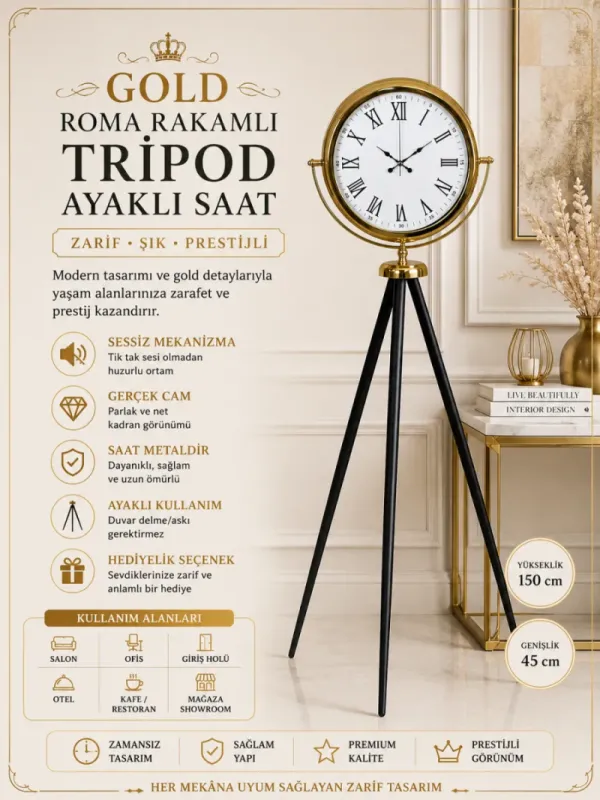 Roma Rakamlı Gold Metal Ayaklı Tripod Saat 150 x 45 cm · Model AS-4054G