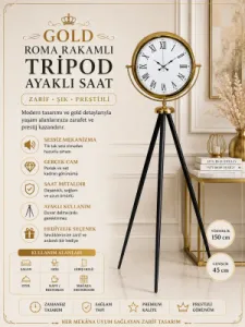 Roma Rakamlı Gold Metal Ayaklı Tripod Saat 150 x 45 cm · Model AS-4054G
