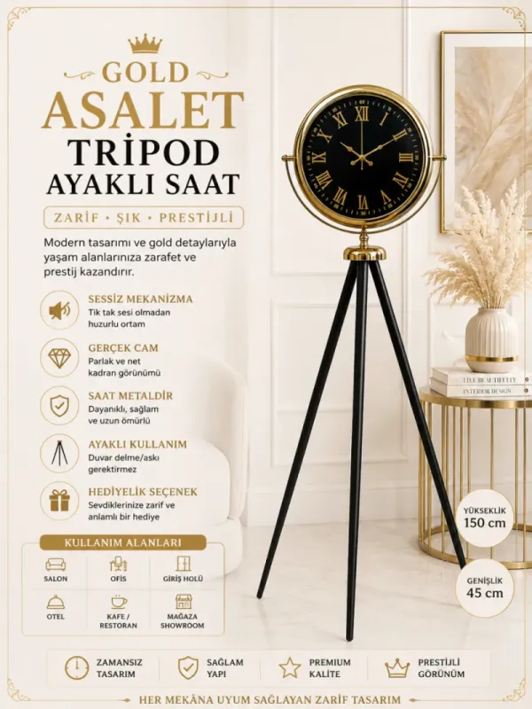 Gold Metal Ayaklı Tripod Saat 150 x 45 cm · Model AS-4073G