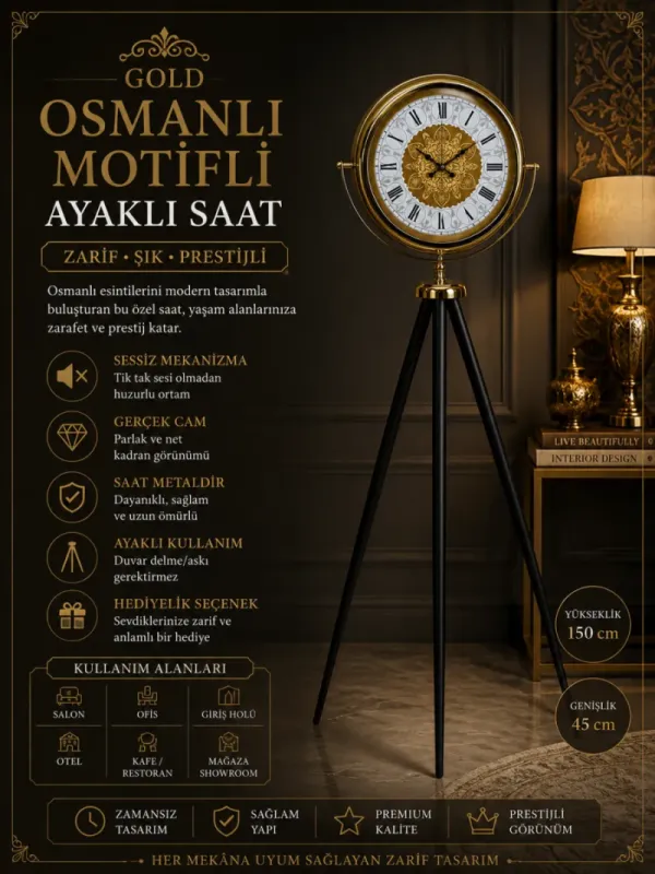 Gold Metal Ayaklı Tripod Saat 150 x 45 cm · Model AS-4076G