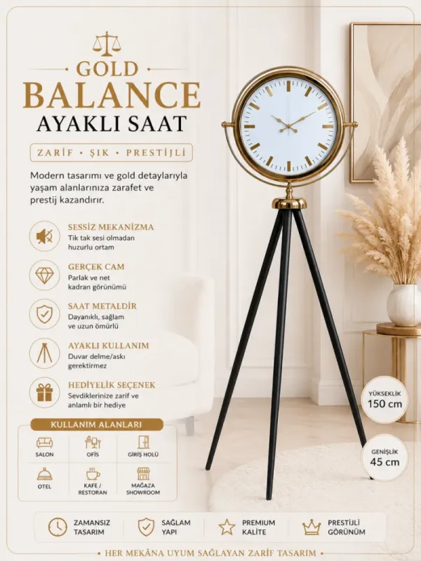 Gold Metal Ayaklı Tripod Saat 150 x 45 cm · Model AS-4086G