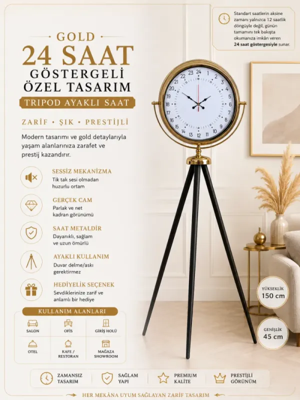 Göstergeli Gold Metal Ayaklı Tripod Saat 150 x 45 cm · Model AS-4097G