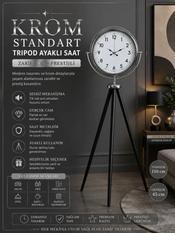Krom Metal Ayaklı Tripod Saat 150 x 45 cm · Model AS-4005K