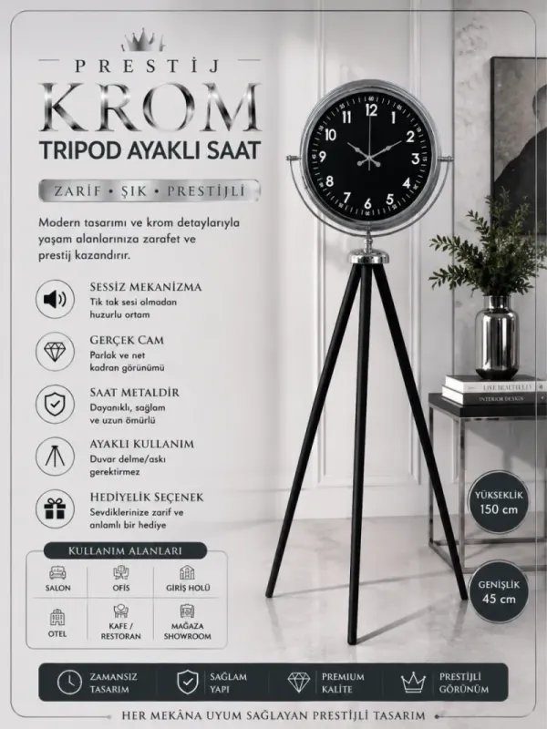 Krom Metal Ayaklı Tripod Saat 150 x 45 cm · Model AS-4007K