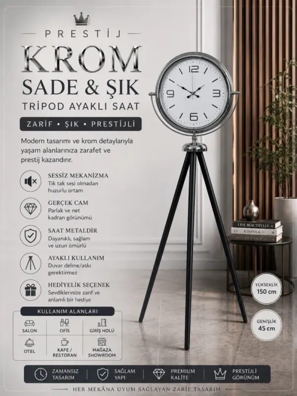 Krom Metal Ayaklı Tripod Saat 150 x 45 cm · Model AS-4008K