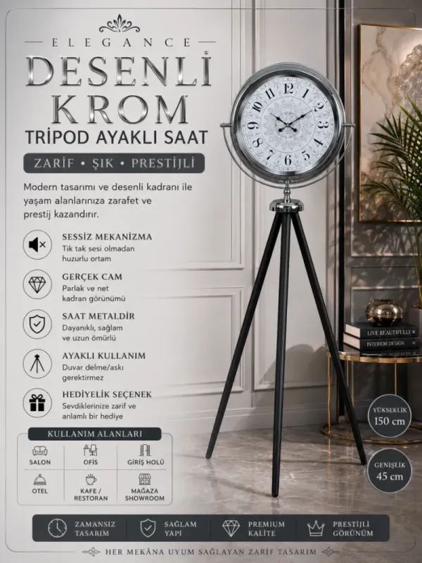 Desenli Krom Metal Ayaklı Tripod Saat 150 x 45 cm · Model AS-4019K