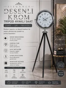 Desenli Krom Metal Ayaklı Tripod Saat 150 x 45 cm · Model AS-4019K