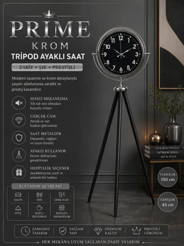 Krom Metal Ayaklı Tripod Saat 150 x 45 cm · Model AS-4031K