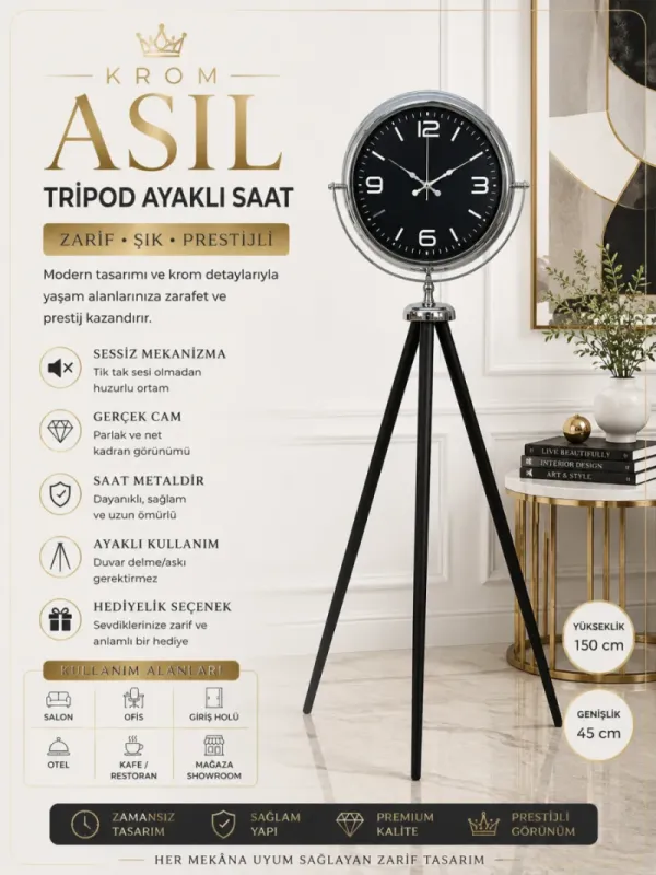 Krom Metal Ayaklı Tripod Saat 150 x 45 cm · Model AS-4045K