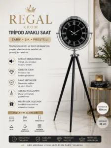 Krom Metal Ayaklı Tripod Saat 150 x 45 cm · Model AS-4051K