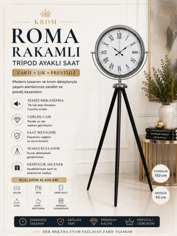Krom Metal Ayaklı Tripod Saat 150 x 45 cm · Model AS-4054K