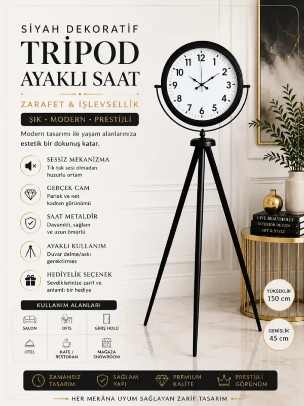 Siyah Metal Ayaklı Tripod Saat 150 x 45 cm · Model AS-4001B