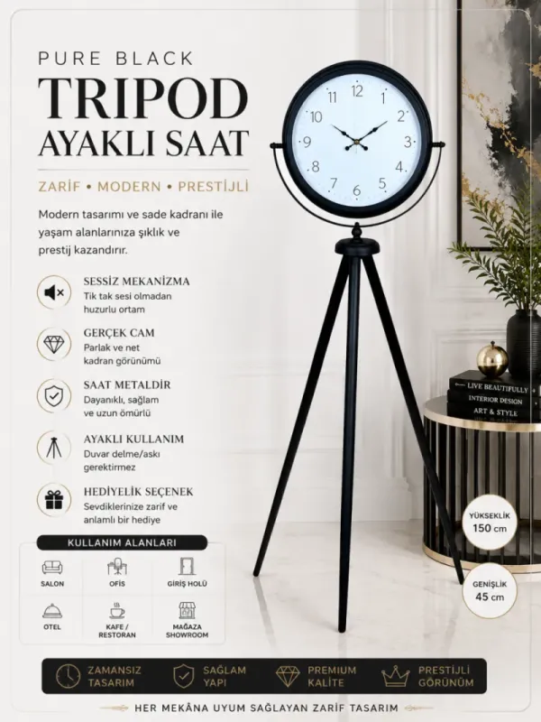 Siyah Metal Ayaklı Tripod Saat 150 x 45 cm · Model AS-4004B
