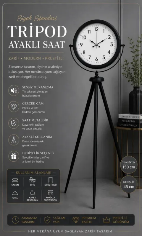 Siyah Metal Ayaklı Tripod Saat 150 x 45 cm · Model AS-4005B