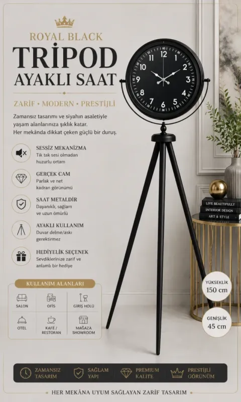 Siyah Metal Ayaklı Tripod Saat 150 x 45 cm · Model AS-4007B