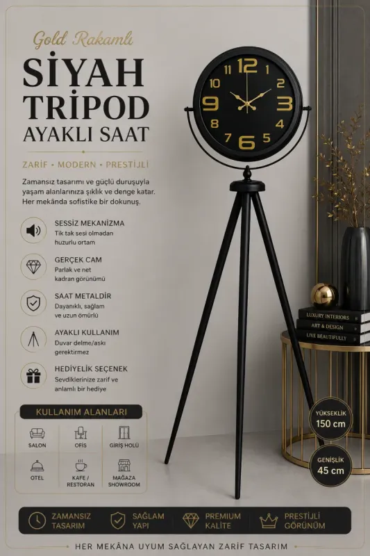 Siyah Metal Ayaklı Tripod Saat 150 x 45 cm · Model AS-4010B