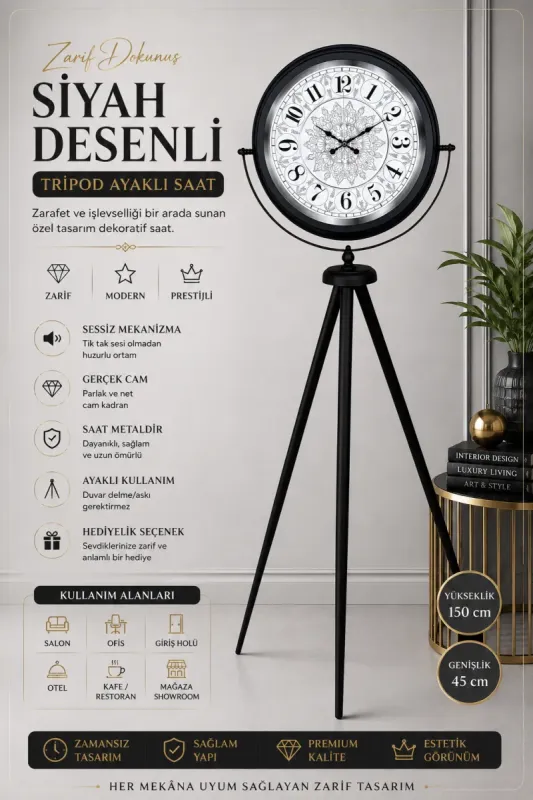 Desenli Siyah Metal Ayaklı Tripod Saat 150 x 45 cm · Model AS-4019B