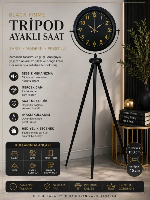 Siyah Metal Ayaklı Tripod Saat 150 x 45 cm · Model AS-4023B
