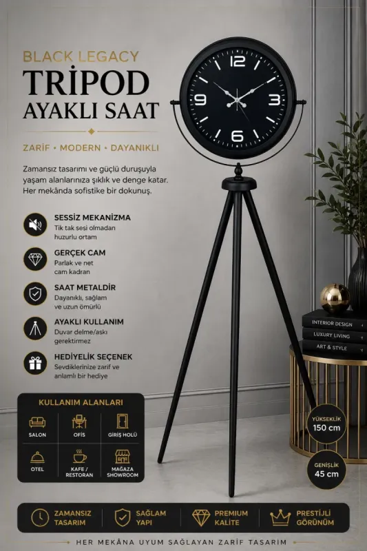 Siyah Metal Ayaklı Tripod Saat 150 x 45 cm · Model AS-4045B