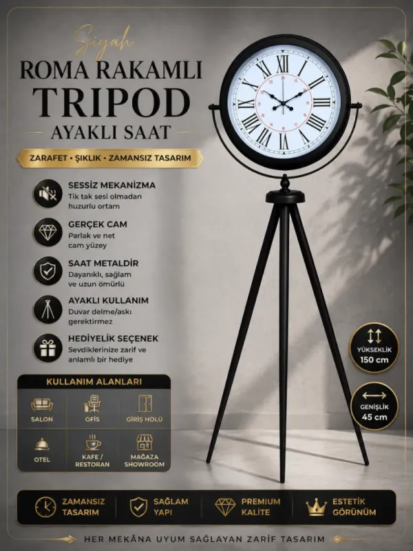 Roma Rakamlı Siyah Metal Ayaklı Tripod Saat 150 x 45 cm · Model AS-4052B
