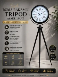 Roma Rakamlı Siyah Metal Ayaklı Tripod Saat 150 x 45 cm · Model AS-4052B