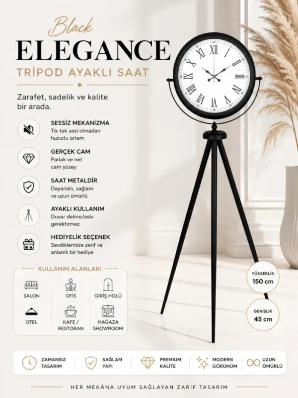 Siyah Metal Ayaklı Tripod Saat 150 x 45 cm · Model AS-4054B