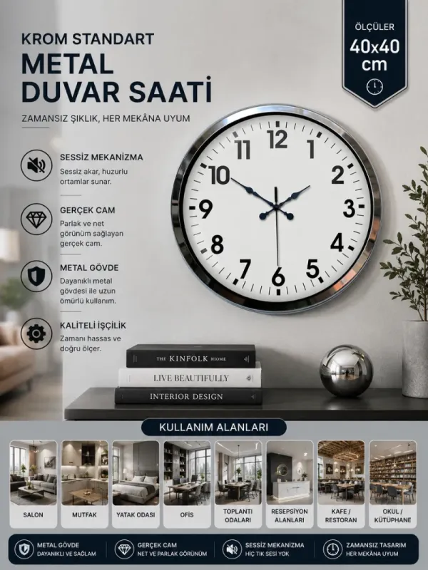 Krom Metal Duvar Saati 40 cm · Model 4001K