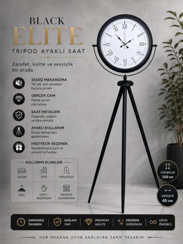 Siyah Metal Ayaklı Tripod Saat 150 x 45 cm · Model AS-4055B