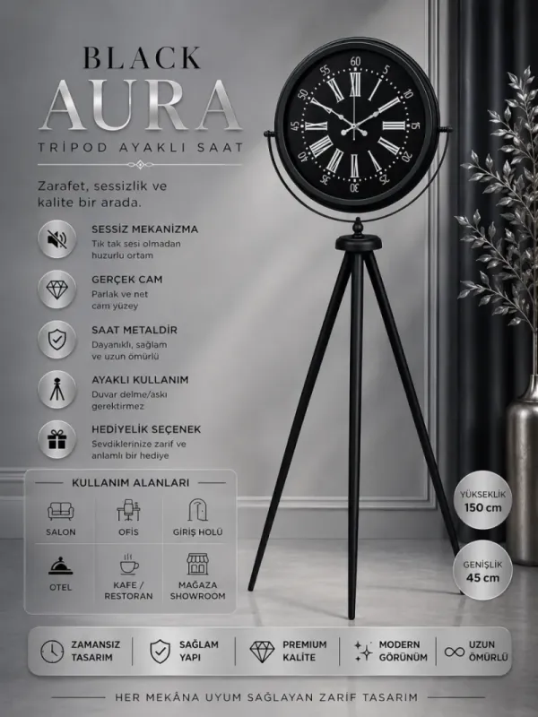 Siyah Metal Ayaklı Tripod Saat 150 x 45 cm · Model AS-4059B
