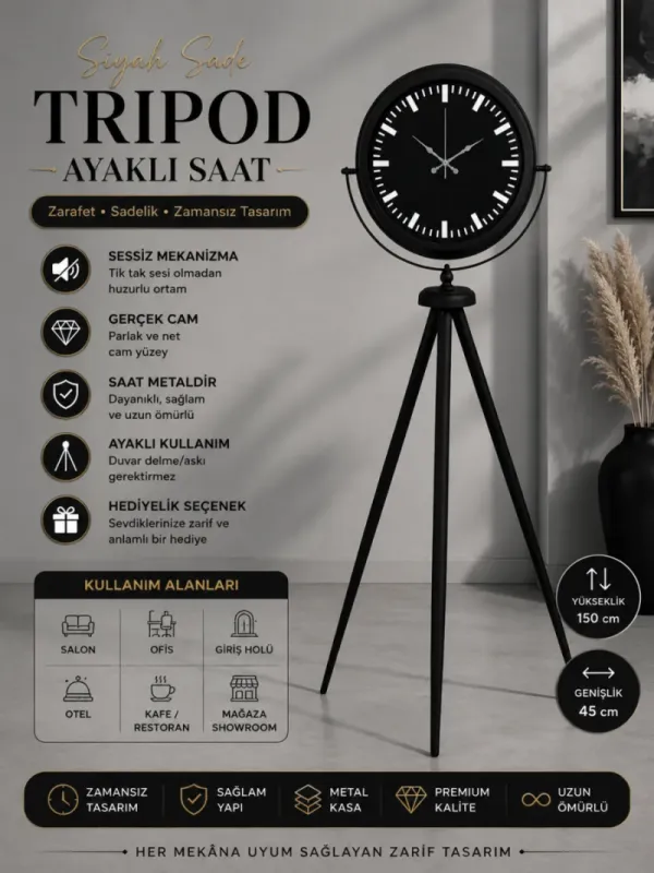 Siyah Metal Ayaklı Tripod Saat 150 x 45 cm · Model AS-4087B