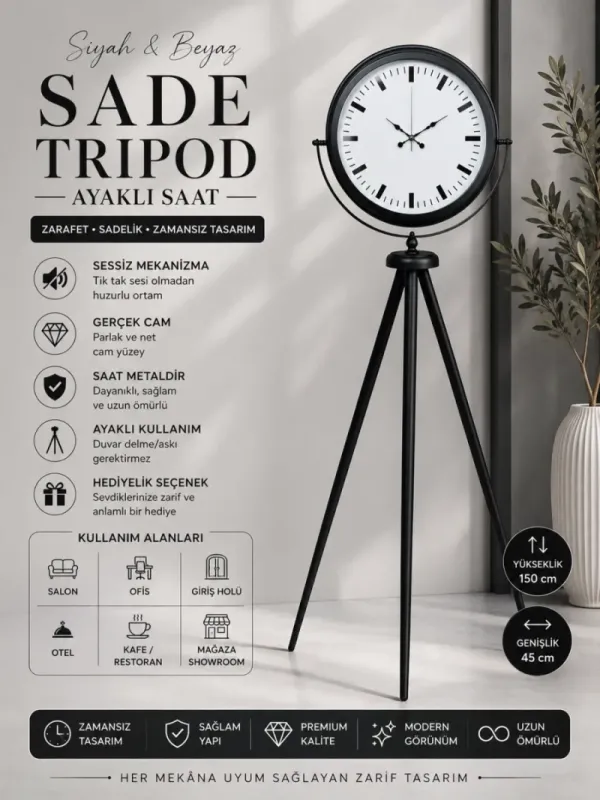 Siyah Metal Ayaklı Tripod Saat 150 x 45 cm · Model AS-4089B