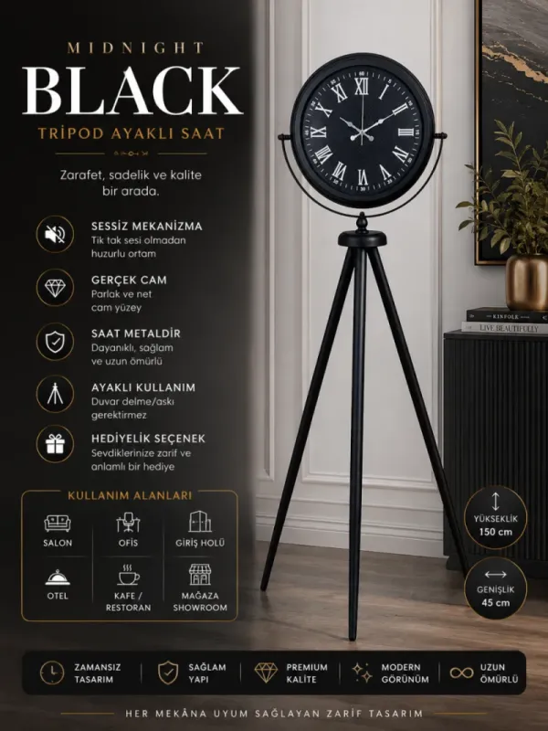 Siyah Metal Ayaklı Tripod Saat 150 x 45 cm · Model AS-4090B
