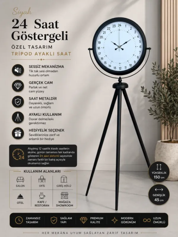 Göstergeli Siyah Metal Ayaklı Tripod Saat 150 x 45 cm · Model AS-4097B