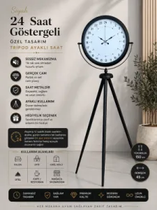 Göstergeli Siyah Metal Ayaklı Tripod Saat 150 x 45 cm · Model AS-4097B