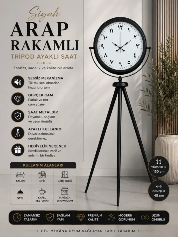 Siyah Metal Ayaklı Tripod Saat 150 x 45 cm · Model AS-4099B