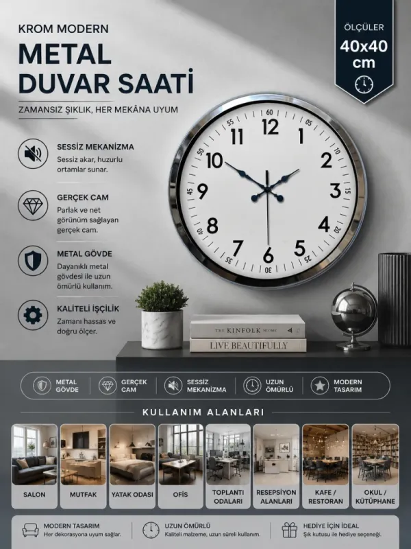 Krom Metal Duvar Saati 40 cm · Model 4005K
