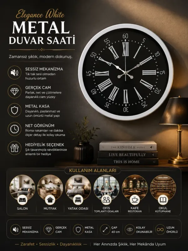 Beyaz Metal Duvar Saati 40 cm · Model 4059W