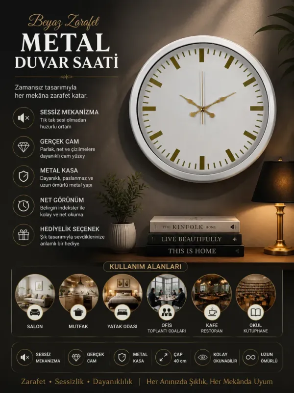 Beyaz Metal Duvar Saati 40 cm · Model 4086W